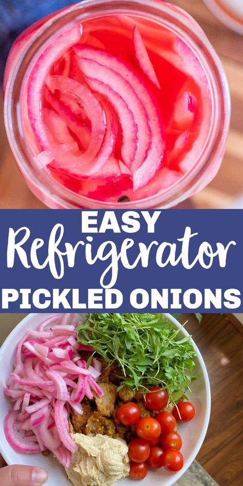 These Refrigerator Pickled Onions are so easy to make! They're made with vinegar, maple syrup, peppercorns, garlic, and salt. So many great flavors that all come together to make the best pickled onions ever! They're the perfect topper condiment for all your needs! Great on nachos, pizza, salad, falafel and much more. #pickledonions #condiments #vegan #pickling #refrigeratorpickledonions Pickled Things, Pickle Onions Recipe, Quick Pickles, Homemade Peanut Sauce, Red Onion Recipes, Vegan Tzatziki, Recipes Vegetables, Canning Ideas, Pizza Salad