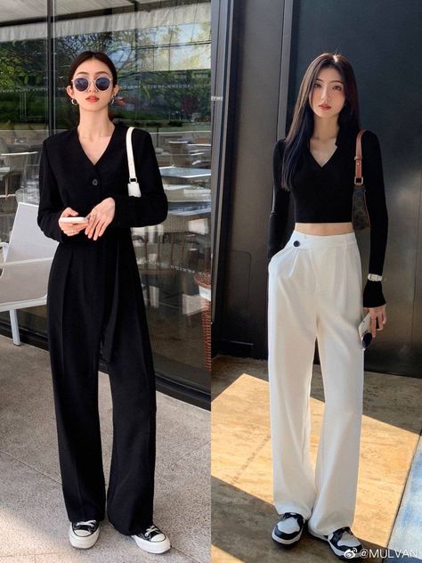 Black Trousers Outfit Casual Korean, Korean Black Pants Outfit, Official Pants Outfit, Black Trousers Outfit Korean, Black Tailored Trousers Outfit, Black Baggy Pants Outfit, Black Korean Outfit, Mulvan Official, Tailored Pants Outfit