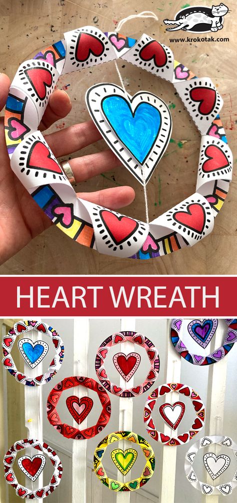 krokotak | HEART WREATH Valentine Art Projects, February Crafts, Classroom Art Projects, Valentine Crafts For Kids, Elementary Art Projects, Valentines Art, Valentines Day Activities, Classroom Crafts, School Art Projects