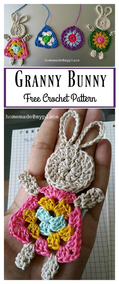 Granny Bunny Free Crochet Pattern #crochetpattern #freepattern #bunny Bunny Free Crochet Pattern, Easter Crochet Patterns, Holiday Crochet, Easter Crochet, Crochet Applique, Crochet Bunny, Crochet Squares, Love Crochet, Crochet Granny