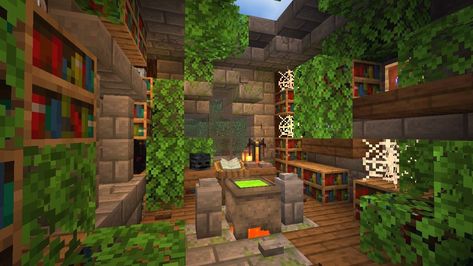 Cute Minecraft Cottage Small Interior, Witch Interiors Minecraft, Minecraft Witch Room Ideas, Witch House Minecraft Interior, Enchanting Rooms Minecraft, Witch Shop Minecraft, Minecraft Witch Hut Interior, Minecraft Witch Cottage Interior, Witch House Minecraft Ideas