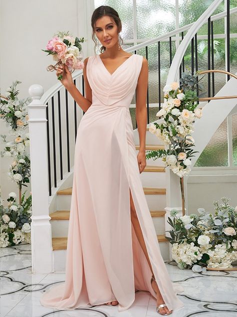 A-Line/Princess Chiffon Ruched V-neck Sleeveless Sweep/Brush Train Bridesmaid Dresses Dresses Fancy, Sleeveless Bridesmaid Dresses, Dresses Quinceanera, فستان سهر�ة, Dresses Pink, Bride Dresses, Handmade Dresses, Wedding Bridesmaid Dresses, Quinceanera Dresses