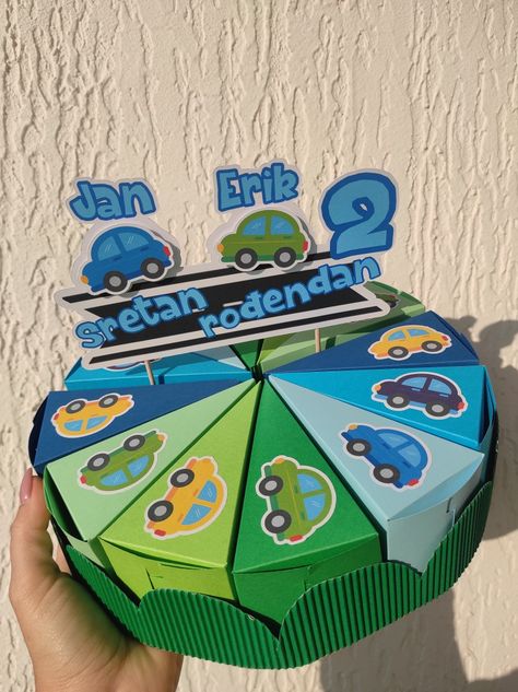 colorful paper carton car cake birthday decoration bday boys Cardboard Cakes For Kids, Car Cake Birthday, Carton Car, Cake Paper Craft, Cake Paper, Paper Car, Colorful Paper, Car Cake, Car Themes