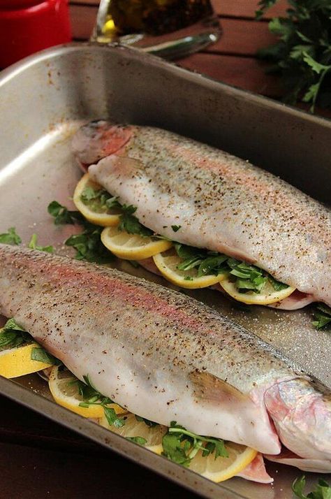 Baked Fresh Rainbow Trout | "extremely simple recipe & came out perfect. my mom loves it & she's a total health nut!!" #dinnerideas #dinnerrecipes #familydinnerideas #fish #fishdinner #fishrecipes #howtocookfish Rainbow Trout Recipe Baked, Whole Trout Recipes, Stuffed Trout, Baked Trout, Trout Recipe, Cooking Trout, Baked Recipe, Carb Cycling Diet, Japanese Diet