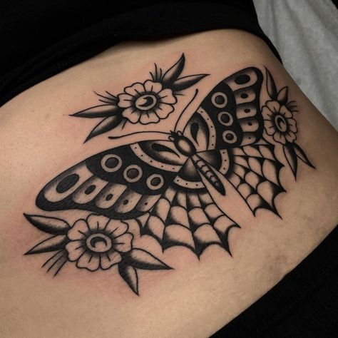 Trad Collar Bone Tattoo, Traditional Flower Neck Tattoo, Halloween Butterfly Tattoo, Black Work Butterfly Tattoo, Trad Bug Tattoo, American Traditional Bug Tattoo, Sternum Tattoo American Traditional, Traditional Back Tattoos, Trad Butterfly Tattoo