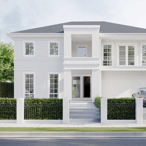 Modern Hamptons Facade, Modern French Provincial Home, Front Elevation Designs Modern, Home Front Elevation, Hamptons Style Homes, Georgian Style Homes, Modern Hampton, Provincial Home, House Fence Design