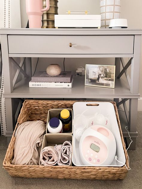 Setting Up A Breast Pumping Station Using My Nightstand Nursing Corner In Living Room, Bedside Pumping Station, Pumping Station Organization, Bedside Nursing Station, Breast Pump Storage Ideas, Nursing Corner In Bedroom, Pumping Basket, Breastpump Station Ideas, Pumping Station At Home