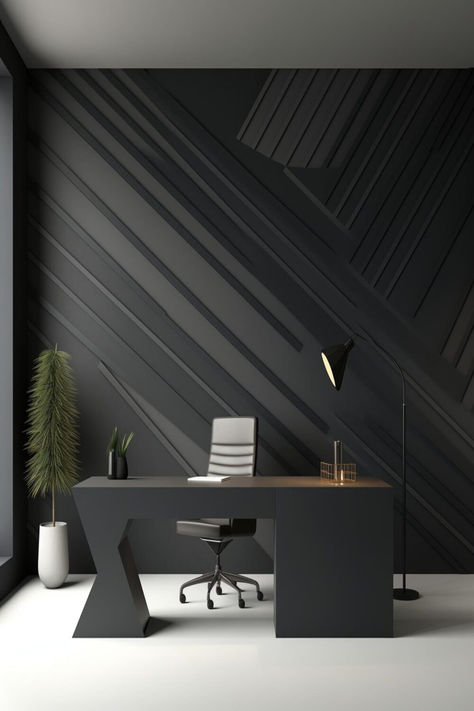 A contemporary office with dark furniture and a striking dark geometric accent wall for a bold and sophisticated look. Modern Office Design Workspaces, Office Interior Design Workspaces, Dark Accent Wall, Bold Office, Modern Office Design Inspiration, Aesthetic Wall Paint, Office Feature Wall, Small Office Design Interior, Dark Accent Walls