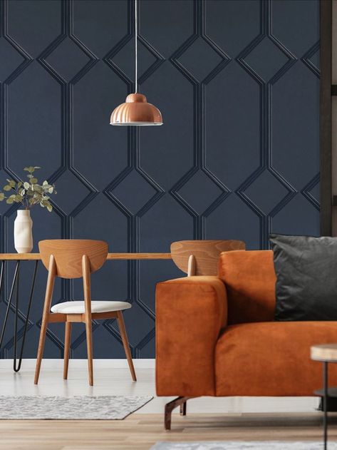 This stylish Azzurra Panel Wallpaper will make a great feature in your home. The design features clever shading in rich navy blue tones for a stunning 3D look that creates a trellis-like wood panel effect. Easy to apply, this high quality wallpaper has a smooth matte finish and will look great when used to create a distinctive feature wall or to decorate a whole room. Blue And Orange Living Room, Room Wallpaper Designs, Panel Wallpaper, Blue Lounge, Mirror Wall Living Room, Wallpaper Uk, Living Room Orange, Navy Wallpaper, Room Color Schemes