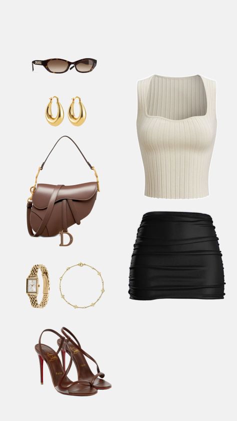 Chic woman’s outfit: white top, black skirt, brown bag and heels with gold accents. Gold Bag Outfit, Clothes Brand, Brand Ideas, Classy Girl, Outfit White, Gold Bag, Brown Outfit, Brown Bag, Skirt Outfit