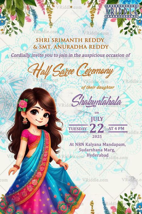 Half Saree Invitation, Half Saree Ceremony Invitation, Half Saree Ceremony, Saree Ceremony, Ceremony Invitation Card, Half Saree Function, Ceremony Invitation, Girl Character, Cultural Celebration