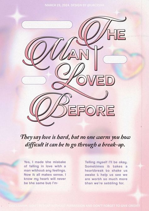 The Man I Loved Before in the style of Y2K, designed by Typographic Poster Design Layout, Y2k Poster Design, Poster Ideas For School, Y2k Poster, Y2k Edit, Y2k Posters, Pastel Design, Pastel Poster, Y2k Design