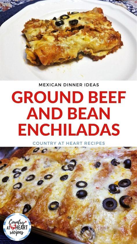 Beef Enchiladas Corn Tortillas, Enchiladas Ground Beef, Mexican Food Enchiladas, Beef And Bean Enchiladas, Food Enchiladas, Ground Beef Refried Beans, Mexican Refried Beans, Mexican Dinner Ideas, Mexican Sour Cream