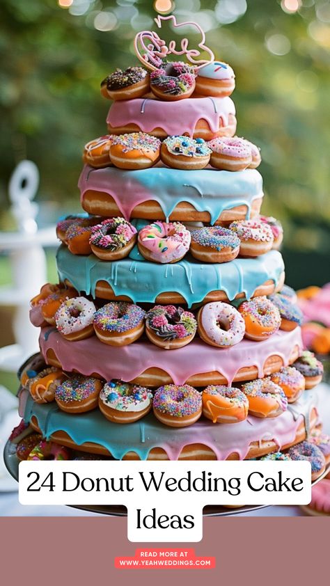 A beautifully arranged donut wedding cake with colorful icing and decorations, displayed on a tiered stand, perfect for a unique and memorable wedding dessert. Big Donut Cake, Cake Donut Ideas, Donut Display Wedding, Donut Cake Wedding, Donut Cake Tower, Donuts Stand, Doughnut Wedding Cake, Donut Cakes, Donut Wedding Cake