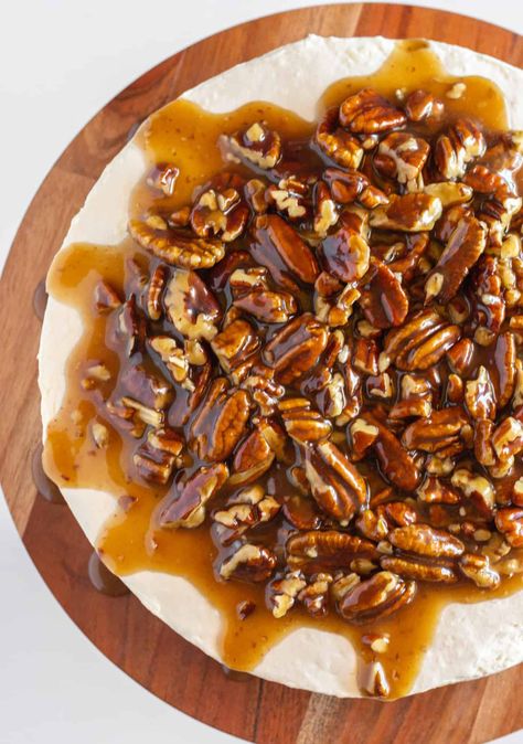 Easy Pecan Pie No Bake Cheesecake - Practically Homemade Pecan Cheesecake No Bake, Pecan Sandies Crust, Cheesecake With Pecan Crust, Pie No Bake, Practically Homemade, Easy Pecan Pie, Vanilla Wafer Crust, Holiday Treats Recipes, Pecan Pie Easy