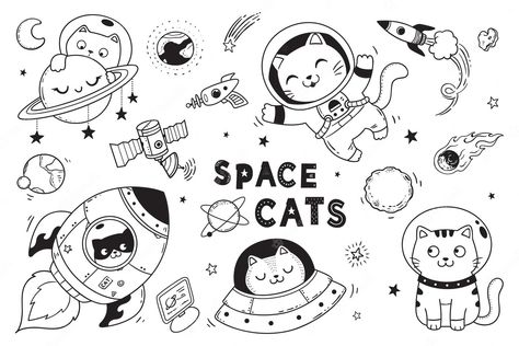 Decorative Doodles, Tattoo Gato, Spaceship Drawing, Wallpaper Gatos, Astronaut Drawing, Space Doodles, Space Drawings, Cat Hand, Children Sketch