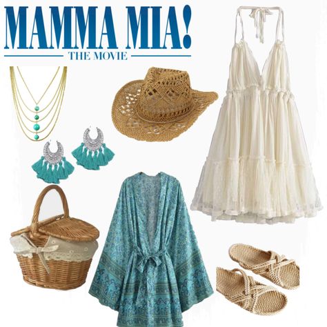 mammamia mammamiaherewegoagain mammamiaaesthetic mammamiaoutfit whatidwearinmovie whatidwearin Mamma Mia Outfits Halloween, Mamma Mia Wardrobe, Mama Mia Themed Birthday Party Outfit, Momma Mia Inspired Outfits, Ma Ma Mia Outfits, Mamma Mis Outfits, Mamma Mia Accessories, Mamma Mia Outfit Inspiration, Mama Mia Inspired Dresses