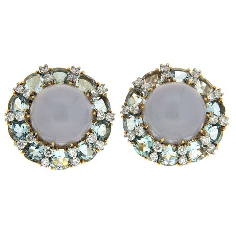 Colori chalcedony oval aquamarine diamond gold platinum Round earrings  | From a unique collection of vintage clip-on earrings at https://www.1stdibs.com/jewelry/earrings/clip-on-earrings/ Pale Blue Color, Chalcedony Stone, Types Of Jewelry, Aquamarine Jewelry, Colour Tint, Sea Water, Vintage Clip, Diamond Gold, Round Earrings