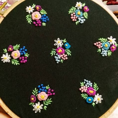 No photo description available. Cute Small Embroidery, Handkerchief Embroidery, Embroidery Stitches Flowers, Simple Hand Embroidery Patterns, Small Embroidery, Hand Embroidery Dress, Kurti Embroidery Design, Embroidery Tshirt, Hand Embroidery Videos