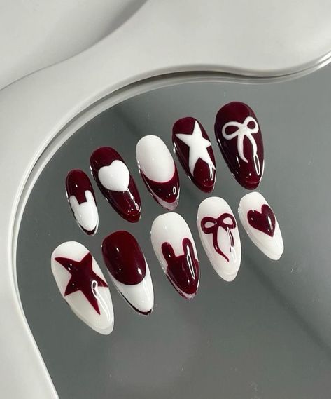 Cherry Red Coquette, Red Coquette Nails, Circus Nails, Red Coquette, Red And White Nails, Coquette Nails, Nails Y2k, Wine Nails, Band Nails