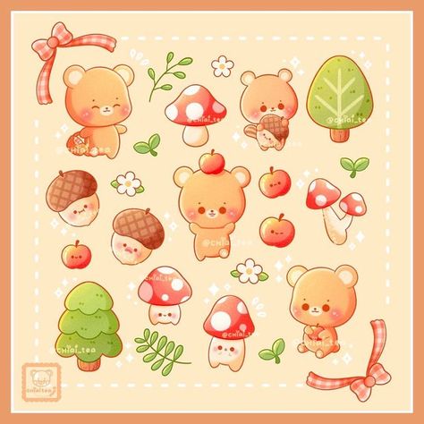 Forest Drawings, Kawaii Forest, Sticker For Planner, Pastel Illustration, Healthy New Year, Forest Drawing, Cute Bear Drawings, Kawaii Illustration, Forest Illustration