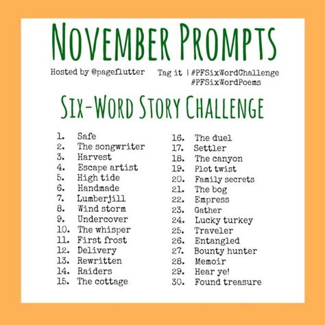 November Six-Word Story Challenge. This is like a MicroWriMo instead of NaNoWriMo! #PFSixWordChallenge November Writing Prompts, Songwriting Prompts, Story Challenge, 6 Word Stories, Six Word Story, Writing Prompts Funny, Library Activities, Six Words, Writing Challenge