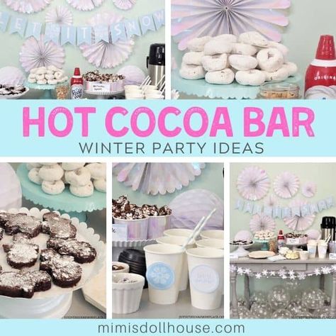 Winter Hot Chocolate Bar + Free Winter Printables - Mimi's Dollhouse Frozen Theme Hot Cocoa Bar, Winter Wonderland Cocoa Bar, Hot Cocoa Bar Winter Wonderland, Hot Cocoa Birthday Party Ideas, Winter Hot Chocolate Bar, Winter Wonderland Hot Cocoa Bar, Winter Hot Cocoa Bar, Winter Theme Party Food, Winter Wonderland Party Food