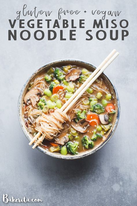 Make this easy Vegan Vegetable Noodle Miso Soup for dinner tonight! It's simple to make on the stove in under 30 minutes. It's naturally vegan, and since it's made with rice noodles, it's also gluten-free. You can customize the soup with whatever vegetables you have on hand. Miso Noodle Soup, Soup Gluten Free, Soup For Dinner, Mapo Tofu, Vegetable Noodles, Vegan Soups, Dinner Easy, The Soup, Miso Soup