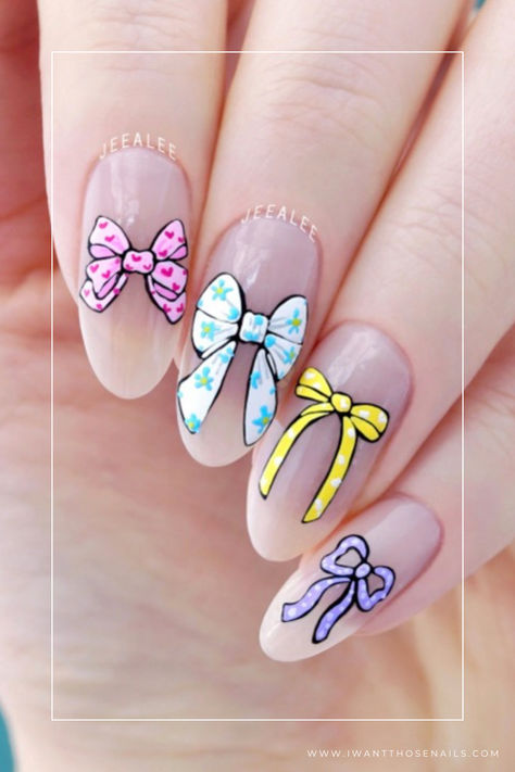 coquette bow nails Nail Bow Designs, Bow Design Nails, Blue Bow Nails, Cute Bow Nails, Bow Nails Design, Coquette Nail Designs, Bow Nail Art Designs, Nail Art Bow, Bows Nail Art