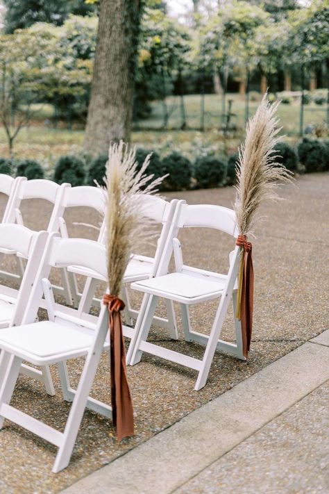 Outside Fall Wedding Ceremony Aisle Decorations, Outdoor Wedding Ideas Isle, Wedding Ceremony Ideas Boho, Outdoor Wedding Boho Decor, Pampas Down The Aisle, Rustic Boho Aisle Decor, Pampas Grass Pew Ends, Realistic Wedding Decor, Outdoor Ceremony Decorations Fall