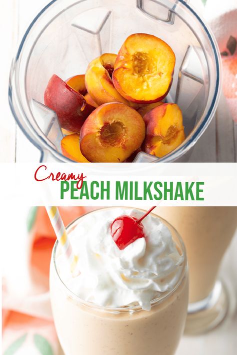 The BEST Peach Milkshake Recipe - It's easy to make perfectly cold, creamy and sweet peach shakes at home that taste BETTER than your favorite summer Chik-Fil-A treat. Try this copycat recipe to whip up a batch for and afternoon treat or dessert in just 5 minutes with 5 simple and wholesome ingredients! They are a healthier version of peach milkshakes with fewer calories but LOTS of summer flavor. | A Spicy Perspective Peach Milkshake Recipe, Peach Shake, Peach Milkshake, 5 Minute Recipe, Peach Smoothie Recipes, Milkshake Recipe Easy, Peach Drinks, Vegan Whipped Cream, Chilled Desserts