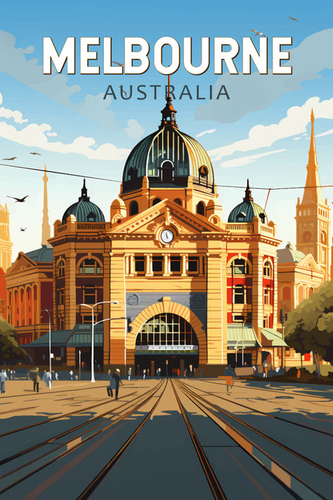 Vintage-style poster showcasing the historic charm of Flinders Street Station in Melbourne, Australia, perfect for adding urban nostalgia to your decor. Vintage Country Posters, Melbourne Drawing, Melbourne Poster, Australia Illustration, Melbourne Australia City, City Wallpapers, Australia Poster, Vintage Australia, Australia Vintage