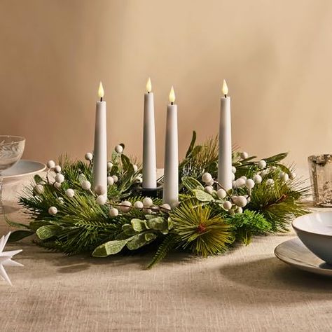 Advent Ring Ideas, Taper Candle Centerpiece Christmas, Candle Ring Wreath, Christmas Table Wreath Centerpiece, Advent Table Centerpiece, Advent Candle Centerpiece, Advent Centerpiece, Candle Wreath Centerpiece, Centerpiece Wreath