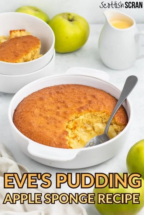 Apple Sponge Cake Recipe, Eves Pudding Uk, Apple Sponge Pudding Recipe, Peach Sponge Pudding, British Puddings Desserts, Eves Pudding Recipes, Eve’s Pudding, Apple Pudding Recipes, Apple Pudding Dessert