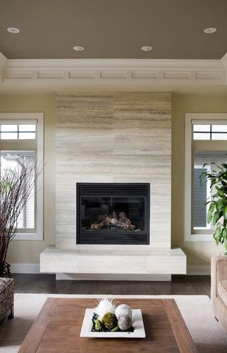 houzz fireplace ideas | Limestone fireplace tile. Houzz. Contemporary Fireplace Designs, Wood Mantel, Brick Fireplace Makeover, Limestone Fireplace, Contemporary Fireplace, Fireplace Hearth, Corner Fireplace, Fireplace Remodel, Fireplace Ideas