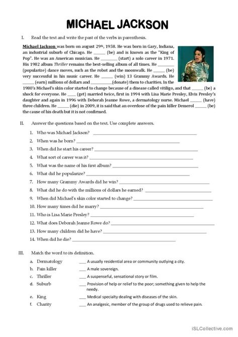 The worksheet contains a reading about Michael Jackson, with a fill in the blanks exercise to reinforce the past tense, reading comprehension questions and an exercise to work on some of the words that appear in the text (vocabulary). Michael Jackson Biography, Esl Reading, Reading Comprehension Questions, Past Tense, Comprehension Questions, King Of Pops, Dance Moves, Reading Comprehension, Michael Jackson