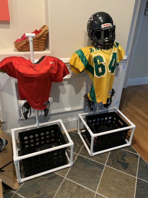 Football Equipment Stand, Pvc Football Equipment Storage, Gear Room Organization Sports Equipment, Football Pads And Helmet Storage, Football Equipment Storage Ideas, Football Gear Storage Ideas, Football Organization Ideas, Football Mom Necessities, Football Gear Stand Diy