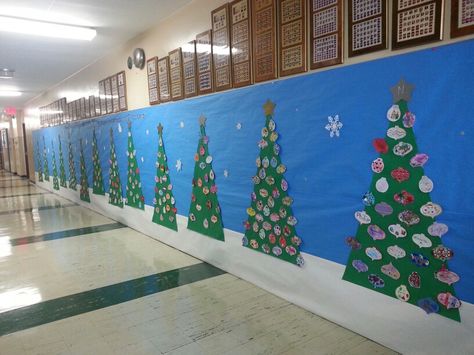 Our school hall..each class (N thru 8) has a tree & each child decorated their own ornament Decorating School Halls For Christmas, Hallway Decorations Christmas, School Christmas Concert Decorations, Christmas Tree Farm Hallway Decorations, Lunchroom Christmas Decorations, Christmas Village School Hallway, Christmas Tree Hallway Decorations School, School Hallway Decorations Christmas, Christmas Hall Decorations For School