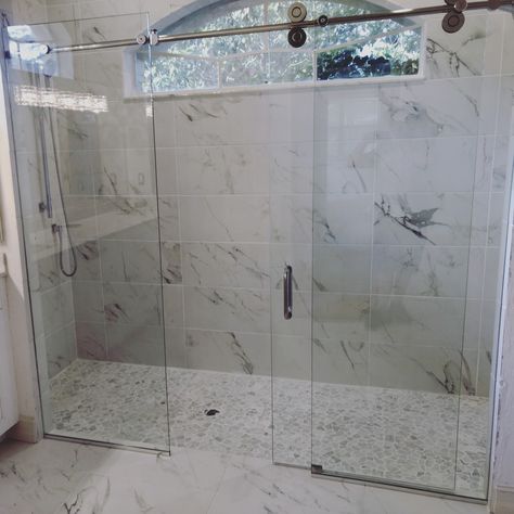 Barn Style Glass Shower Doors - Builders Glass of Bonita, Inc. Shower Barn Door, Barn Door Shower, Glass Barn Door, Shower Sliding Glass Door, Glass Barn Doors, Ceiling Design Living Room, Door Inspiration, Master Bath Remodel, Sliding Shower Door