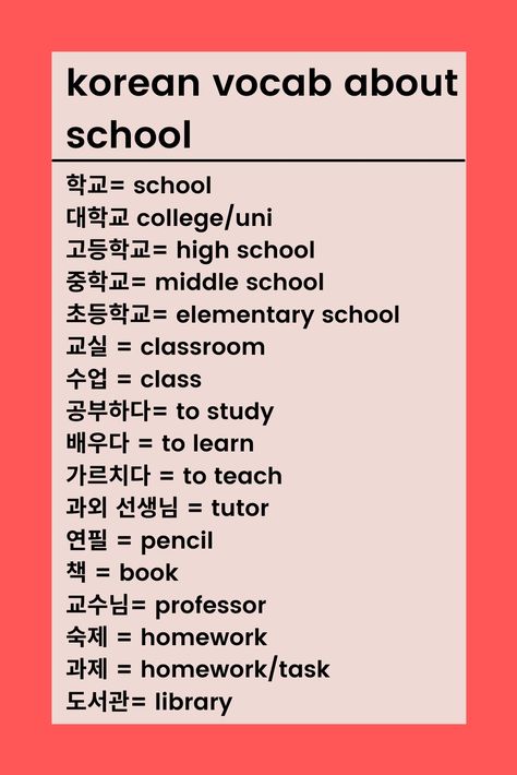 a quick list of korean vocab about school! shop korean made simple on amazon with the link attached :) Korean Vocabulary List Notes, Korean Vocabulary List Beginner, Korean Vocabulary List, Korean Practice, Korean Notes, Korean Vocab, Korean Learn, Korean Vocabulary, Korean Study