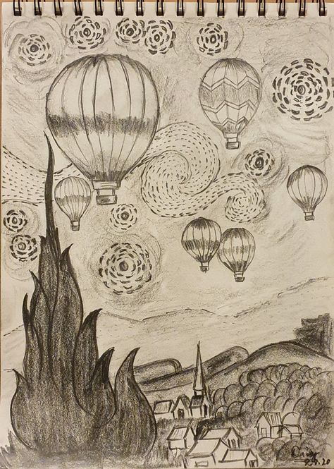 Hot Air Balloon Sketch, Blue Period, The Starry Night, Hot Air Balloons, Air Balloons, Drawing Inspo, Hot Air Balloon, Air Balloon, Vincent Van Gogh