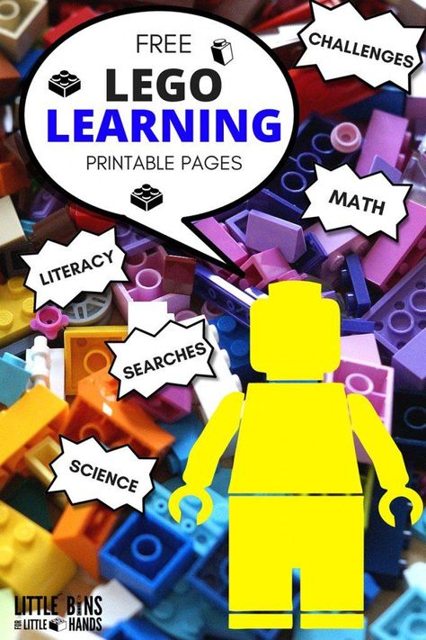 LEGO Learning Pages and Free Printables! Printable LEGO activities for math, literacy, science, challenges, emotions pages, coloring Sheets, and search and find pages. Printable LEGO learning pages for preschool, kindergarten, and early elementary age kids. Lego Therapy, Lego Printables, Lego Math, Lego Education, Science Literacy, Lego Challenge, Free Lego, Lego Activities, Math Literacy