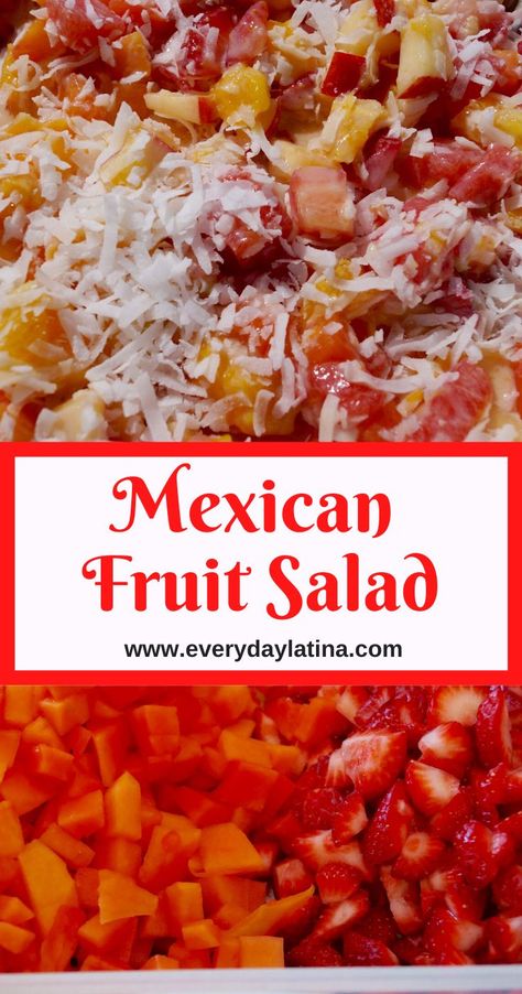 This Mexican Fruit Salad is a gorgeous mixture of papaya, watermelon, apple, strawberries, and mango, topped off with sweetened condensed milk and shredded coconut. #mexicandessert #fruitsalad #mexicanrecipes Fruit Salad With Condensed Milk, Mexican Fruit Salad, Mexican Fruit Salads, Mexican Fruit, Milk Fruit, Sweet Condensed Milk, Fruit Salad Recipes, Trending Pins, Food Group