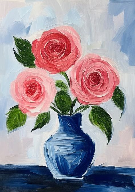 Bouquet Of Flowers Drawing Paintings, Flower Acrilic Paintings Ideas, Acrilic Drawings Ideas, A4 Canvas Painting Ideas, Vase Painting Ideas Canvas, Vase Of Flowers Drawing, Vase Canvas Painting, Akrilik Painting, Flower In Vase