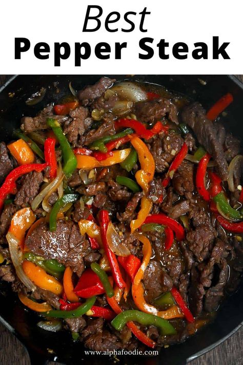 This 15-minute Chinese pepper steak stir-fry combines tender, juicy steak with bell peppers in a flavorful, homemade brown stir-fry sauce for a quick and simple restaurant-quality meal to enjoy with rice or noodles! Best Pepper Steak Recipe, Spicy Onions, Pepper Steak Recipe Easy, Chinese Pepper Steak Recipe, Peper Steak, Pepper Steak And Rice, Beef Pepper Steak, Pepper Steak And Onions, Pepper Steak Stir Fry