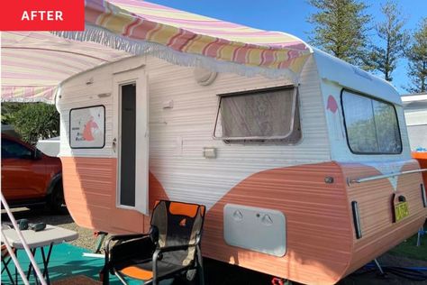 1962 Retro Caravan Redo - Before and After Photos | Apartment Therapy Pressed Tin Backsplash, Caravan Renovation Before And After, Boler Trailer, Nashville Art, Caravan Makeover, Caravan Renovation, Retro Caravan, White Fringe, Whimsical Style