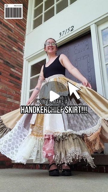 Handmade + Thrifted Fashion ♻️ by Brittany on Instagram: "SAVE this tutorial for future reference! 👉  Kate commissioned me to create this one of a kind Handkerchief Wrap Skirt using secondhand textiles!   I wanted to share the process with you,  cause it's super easy for beginner sewists! No pattern required! 😇  All you have to do is adjust the waist and length measurements to fit your body!   If you make your own, make sure to tag me! I wanna seeeee!   Sewing tutorial / Handmade Fashion/ Upcycled / Sustainable / Maximalist / Recycled / Thrift" Scrap Skirt Diy, Diy Handkerchief Skirt, Upcycle Maxi Skirt, Flannel Skirt Diy, Skirt Design Pattern Sewing Tutorials, Diy Layered Skirt, Hankerchief Skirt Diy, Handkerchief Skirt Outfit, Handkerchief Skirt Pattern