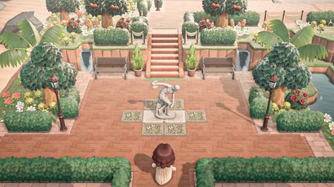 Sitting Area Acnh, Acnh Sitting Area, Acnh Transition Areas, Acnh Ideas, Acnh Inspo, Sitting Area, Animal Crossing, Statue, Animals