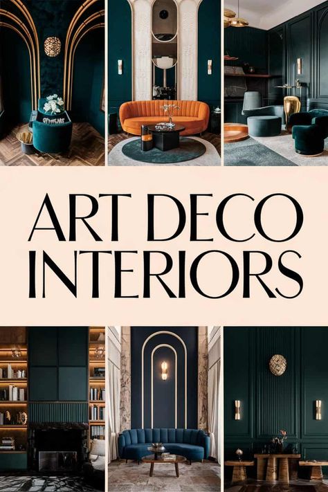 Explore stunning Art Deco interiors that can spark ideas for your home makeover. From bright geometric patterns to elegant furniture pieces this style radiates glamor and charm. Incorporate beautiful colors dazzling mirrors sleek lines and vintage touches to create your perfect space. Let your creativity shine with Art Deco inspiration! https://fabricerie.com/art-deco-interiors Art Deco Nyc Apartment, Art Deco Wall Ideas, Art Deco Basement Ideas, Art Deco Vs Art Nouveau, Art Deco Living Room Design, Industrial Art Deco Interior Design, Art Deco Dark Academia, Moody Art Deco Interior, Art Deco Spa