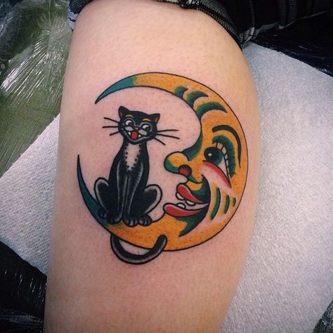 Geometric Cat Tattoo, Cat Eye Tattoos, Cat Outline Tattoo, Cat Portrait Tattoos, Cute Cat Tattoo, Traditional Tattoo Inspiration, Cat And Moon, Vintage Tattoo Design, Black Cat Tattoos